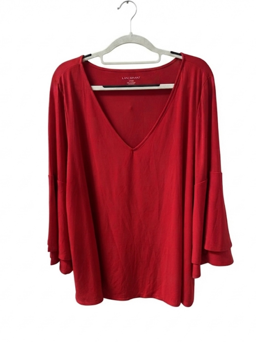 Lane Bryant Red V-Neck Tiered Bell Sleeve Blouse EUC 18/20